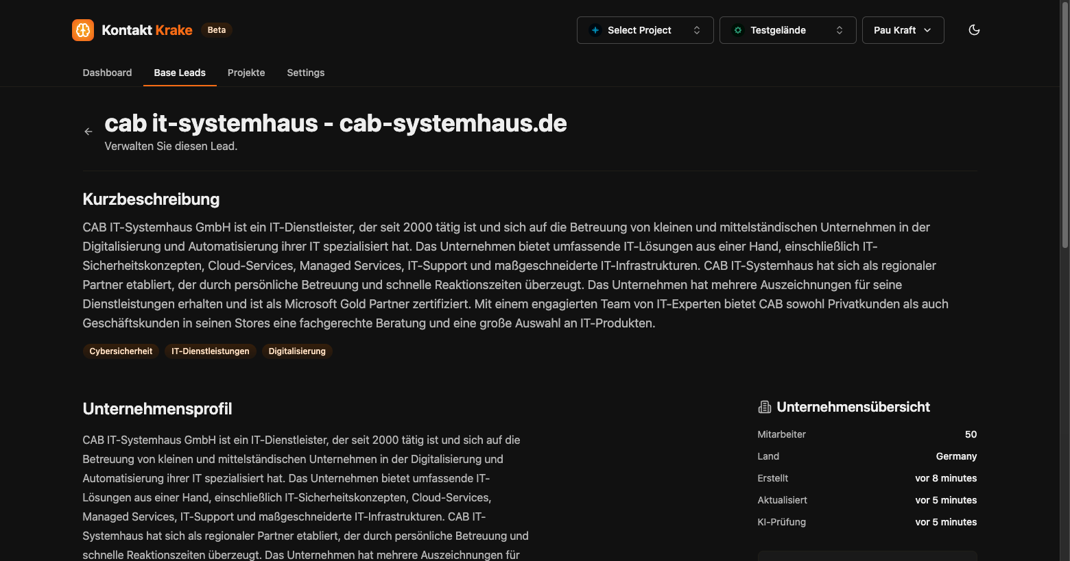 Kontakt Krake Enriched Lead Details with AI Analysis